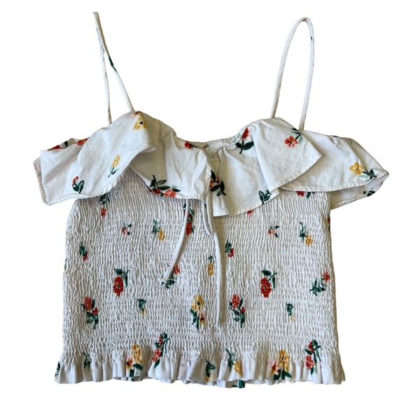 Zara Trafaluc Smocked Ruffle Crop Top White Floral Spaghetti Strap - Size S - Picture 2 of 9